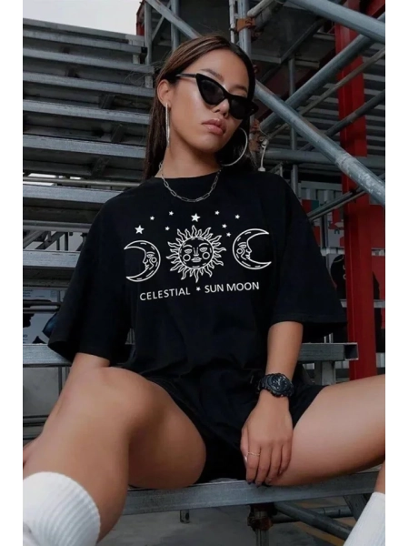 Unisex Baskılı Oversize T-Shirt - Siyah