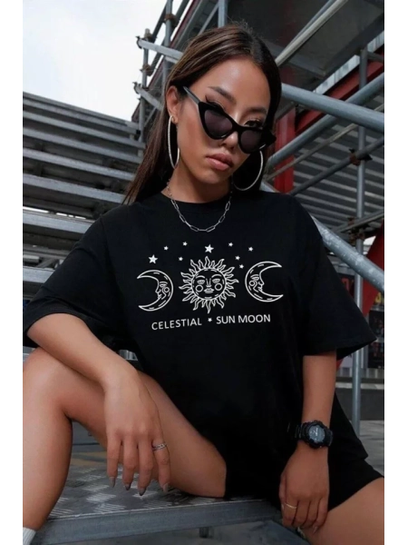 Unisex Baskılı Oversize T-Shirt - Siyah