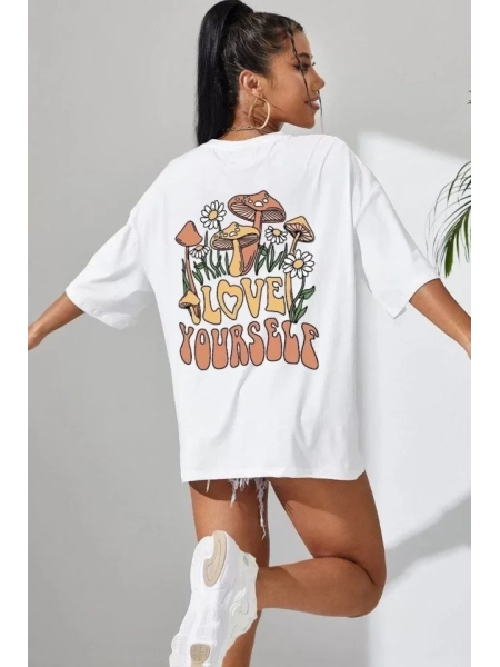 Unisex Baskılı Oversize T-Shirt - Beyaz