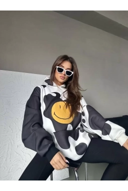 Smiley Face Kapüşonlu Sweatshirt - Siyah