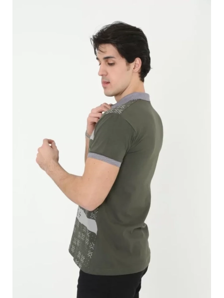 Erkek Yakalı Slim Fit Baskılı T-Shirt - Haki