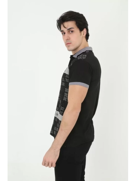 Erkek Yakalı Slim Fit Baskılı T-Shirt - Siyah