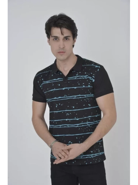 Erkek Yakalı Slim Fit Pike Çizgili T-Shirt - Siyah