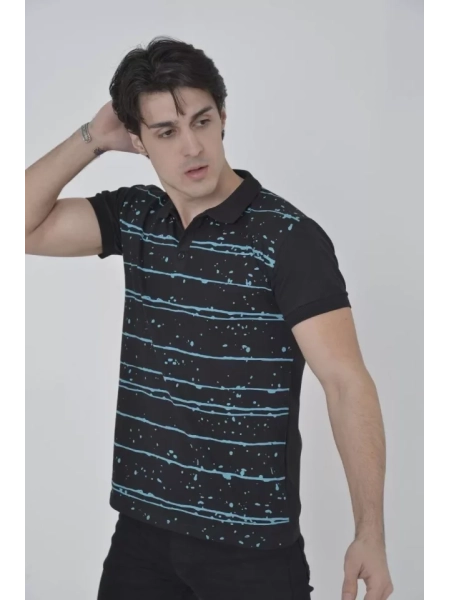 Erkek Yakalı Slim Fit Pike Çizgili T-Shirt - Siyah