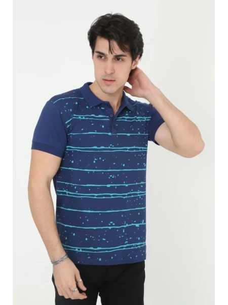 Erkek Yakalı Slim Fit Pike Çizgili T-Shirt - Mavi