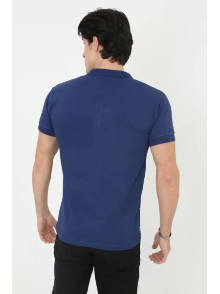 Erkek Yakalı Slim Fit Pike Çizgili T-Shirt - Mavi