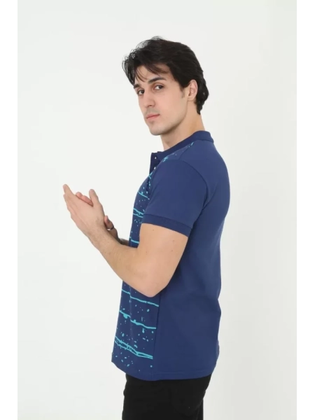 Erkek Yakalı Slim Fit Pike Çizgili T-Shirt - Mavi