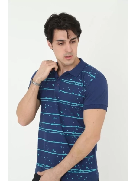 Erkek Yakalı Slim Fit Pike Çizgili T-Shirt - Mavi