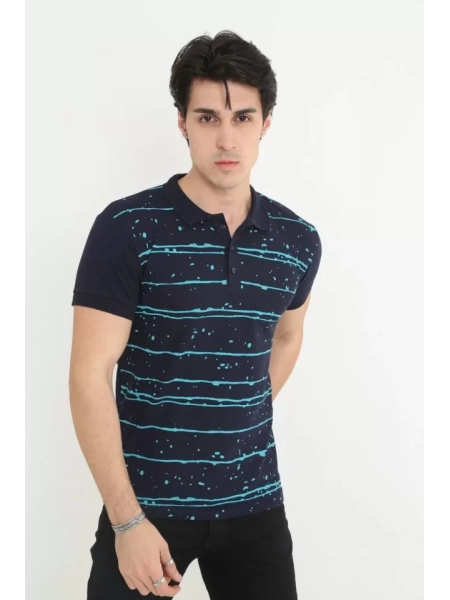 Erkek Yakalı Slim Fit Pike Çizgili T-Shirt - Lacivert