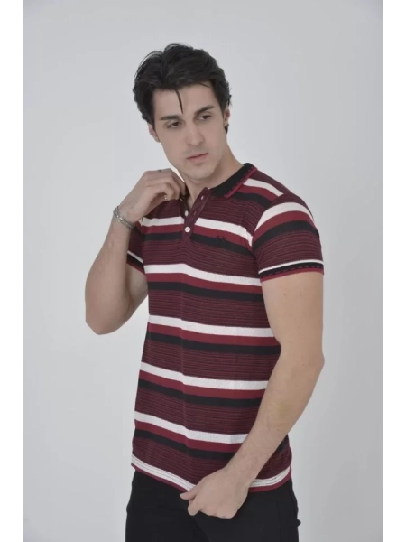 Erkek Yakalı Slim Fit Dokuma Çizgili T-Shirt - Bordo