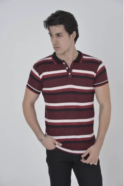 Erkek Yakalı Slim Fit Dokuma Çizgili T-Shirt - Bordo