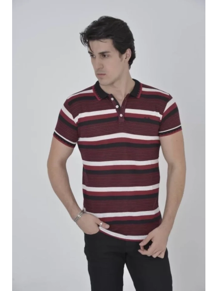 Erkek Yakalı Slim Fit Dokuma Çizgili T-Shirt - Bordo