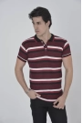 Erkek Yakalı Slim Fit Dokuma Çizgili T-Shirt - Bordo