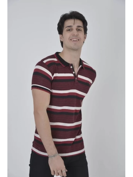 Erkek Yakalı Slim Fit Dokuma Çizgili T-Shirt - Bordo