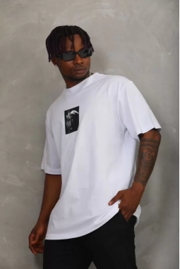 Unisex Oversize Baskılı Bisiklet Yaka T-Shirt - Beyaz