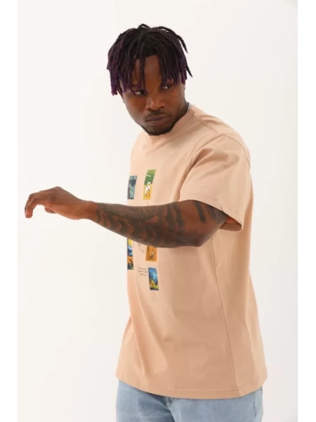 Unisex Oversize Baskılı Bisiklet Yaka T-Shirt - Bej