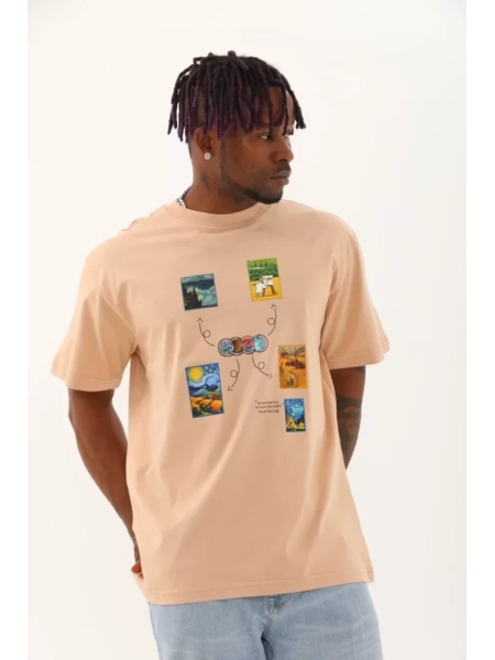 Unisex Oversize Baskılı Bisiklet Yaka T-Shirt - Bej