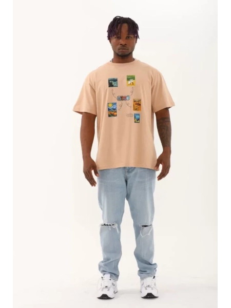 Unisex Oversize Baskılı Bisiklet Yaka T-Shirt - Bej