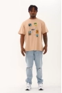 Unisex Oversize Baskılı Bisiklet Yaka T-Shirt - Bej