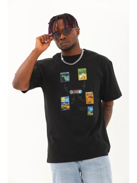 Unisex Oversize Baskılı Bisiklet Yaka T-Shirt - Siyah