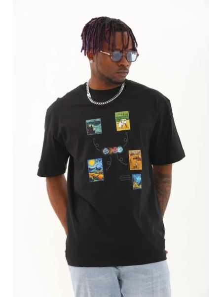 Unisex Oversize Baskılı Bisiklet Yaka T-Shirt - Siyah