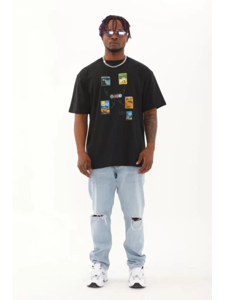 Unisex Oversize Baskılı Bisiklet Yaka T-Shirt - Siyah