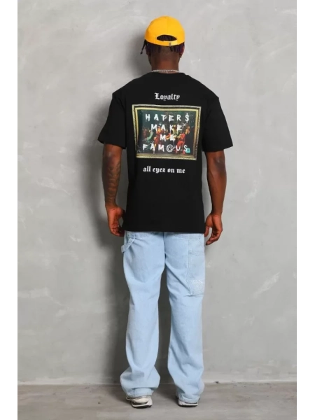 Unisex Oversize Baskılı Bisiklet Yaka T-Shirt - Siyah