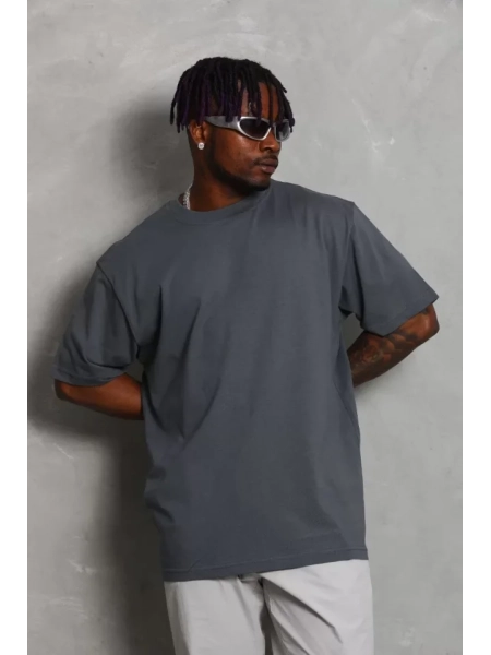 Unisex Oversize Düz Bisiklet Yaka T-Shirt - Füme