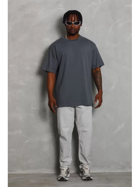 Unisex Oversize Düz Bisiklet Yaka T-Shirt - Füme