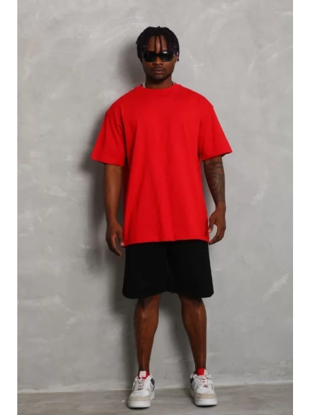 Unisex Oversize Düz Bisiklet Yaka T-Shirt - Kırmızı