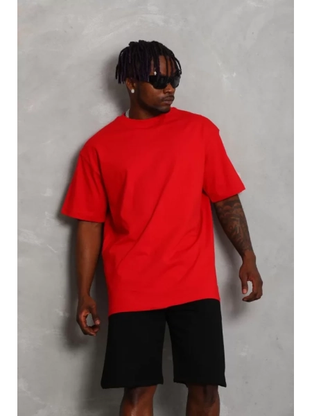 Unisex Oversize Düz Bisiklet Yaka T-Shirt - Kırmızı