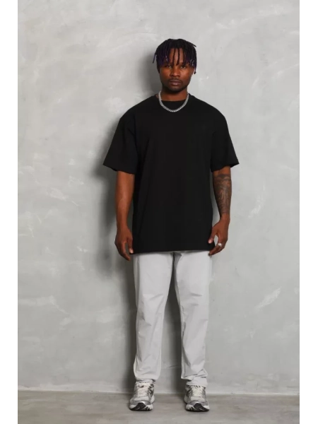 Unisex Oversize Düz Bisiklet Yaka T-Shirt - Siyah