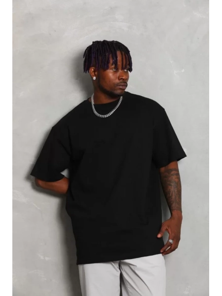 Unisex Oversize Düz Bisiklet Yaka T-Shirt - Siyah