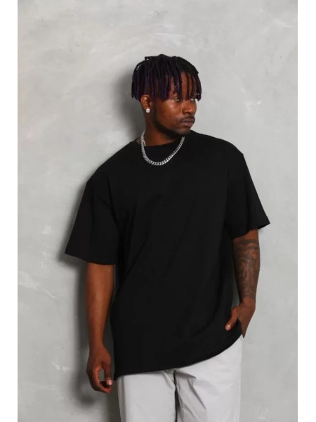 Unisex Oversize Düz Bisiklet Yaka T-Shirt - Siyah