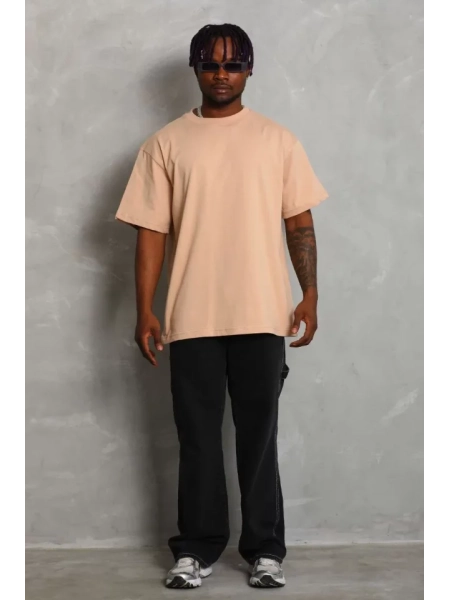 Unisex Oversize Düz Bisiklet Yaka T-Shirt - Bej