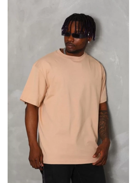 Unisex Oversize Düz Bisiklet Yaka T-Shirt - Bej