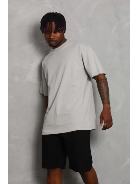 Unisex Oversize Düz Bisiklet Yaka T-Shirt - Gri