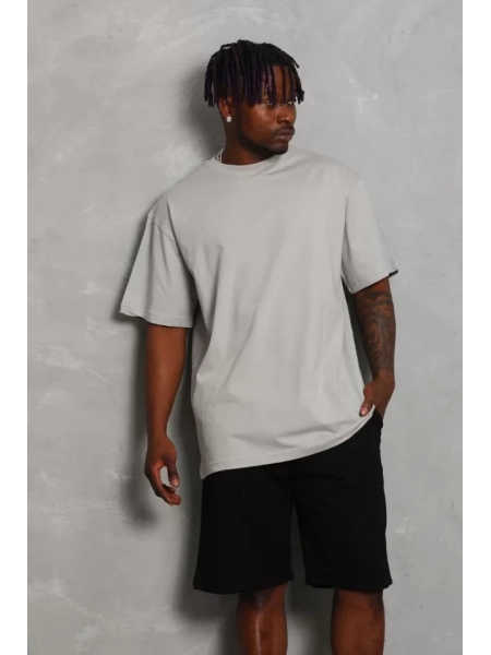 Unisex Oversize Düz Bisiklet Yaka T-Shirt - Gri