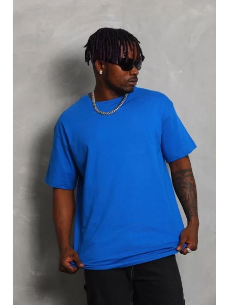 Unisex Oversize Düz Bisiklet Yaka T-Shirt - Mavi
