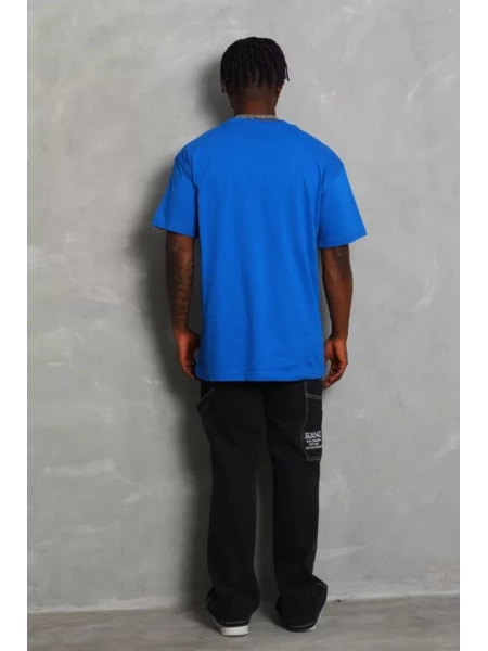 Unisex Oversize Düz Bisiklet Yaka T-Shirt - Mavi