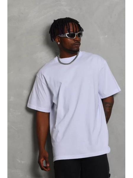 Unisex Oversize Düz Bisiklet Yaka T-Shirt - Beyaz