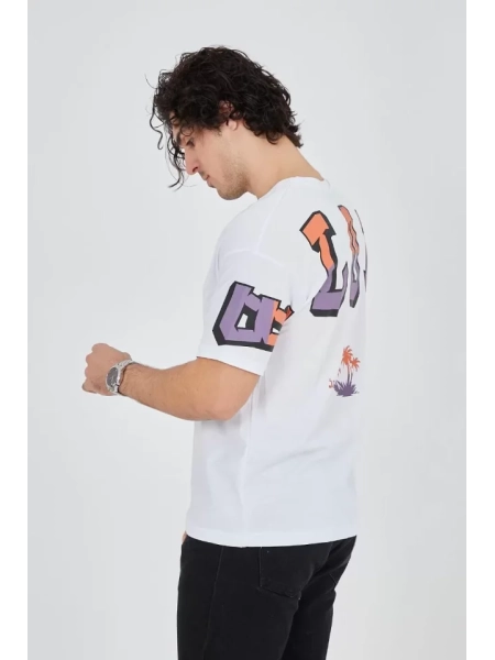 Erkek Ön Ve Arka Baskılı T-Shirt - Beyaz