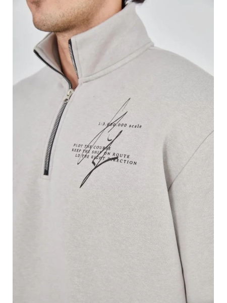 Erkek Yarım Fermuarlı Baskılı Sweat - Boyalı Gri
