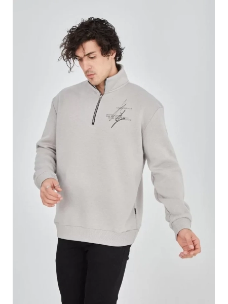 Erkek Yarım Fermuarlı Baskılı Sweat - Boyalı Gri