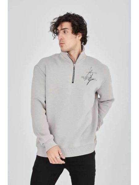 Erkek Yarım Fermuarlı Baskılı Sweat - Boyalı Gri