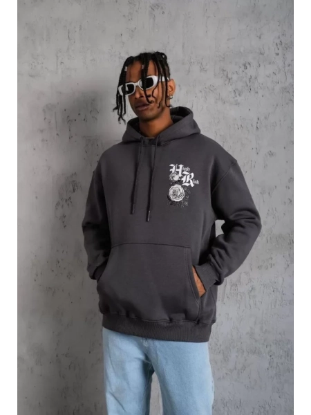 Erkek Baskılı Kapşonlu Sweat - Füme