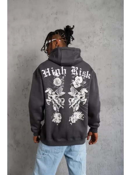 Erkek Baskılı Kapşonlu Sweat - Füme