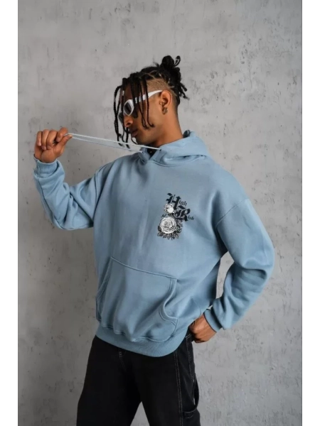 Erkek Baskılı Kapşonlu Sweat - Mavi