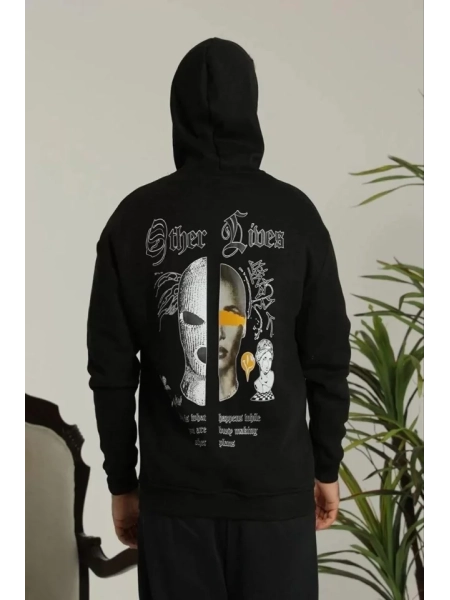 Erkek Sırt Baskılı Oversize Üç İplik Kapüşonlu Sweatshirt - Siyah