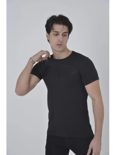 Erkek Gögüs Fileli Slim Fit T-shirt - Siyah